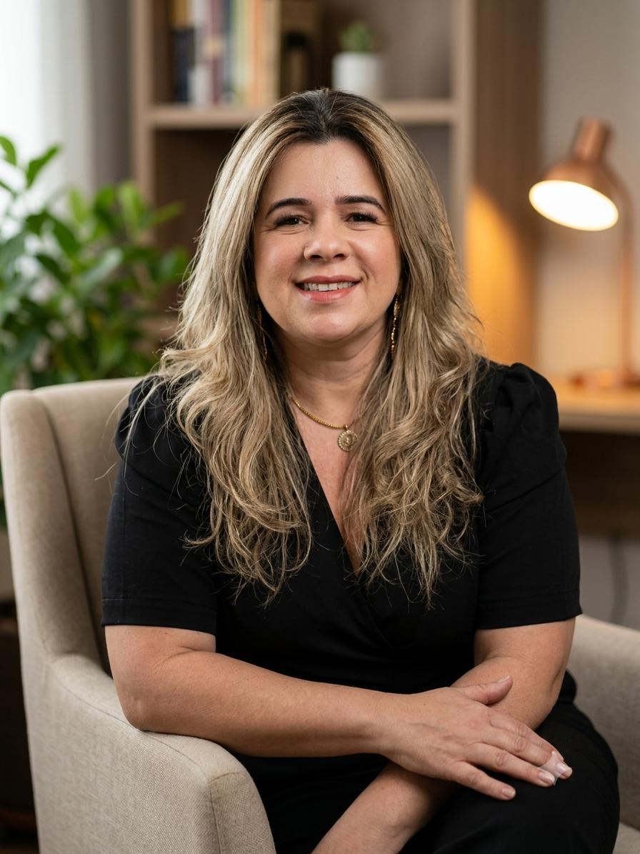 Renata Batista junto à janela, em retrato profissional